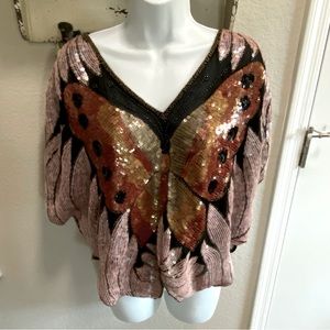 Beautiful Vintage Butterfly Top, Sequins + Beads Pink Brown